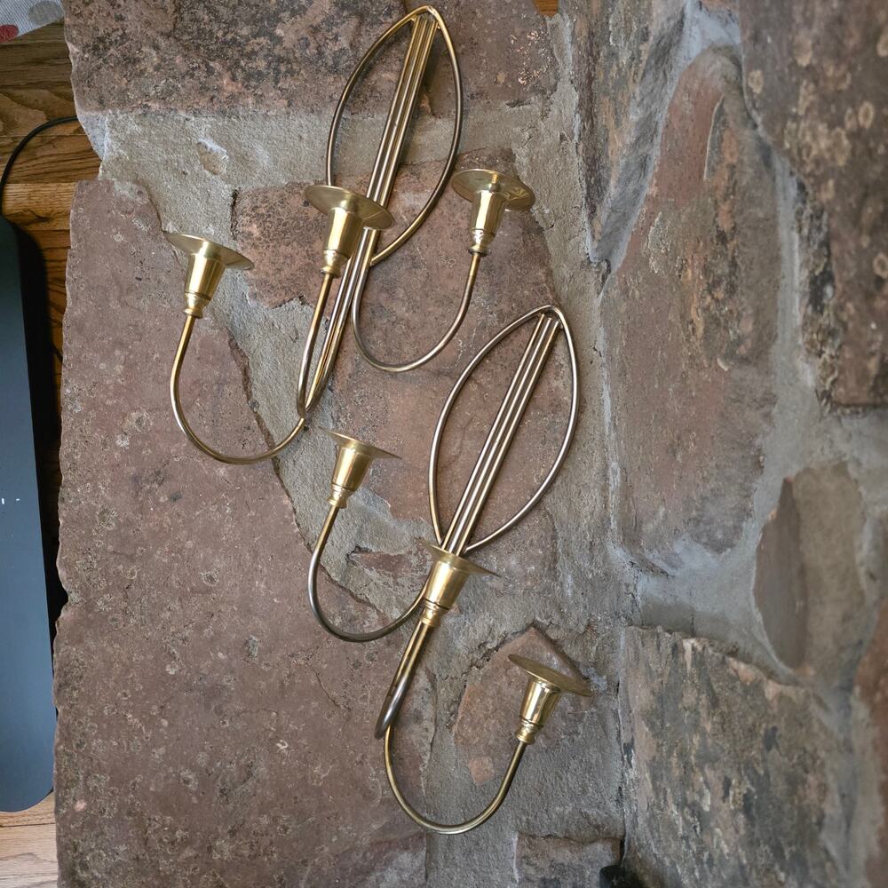 Pair Vintage Brass 3 Arm Looping Candle Sconces Scroll Taper Dark Academia Decor